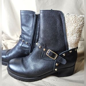 ☀️ 👢 - Nine West Black Leather Studded Sherpa Renee Boots Women's Size 8.5